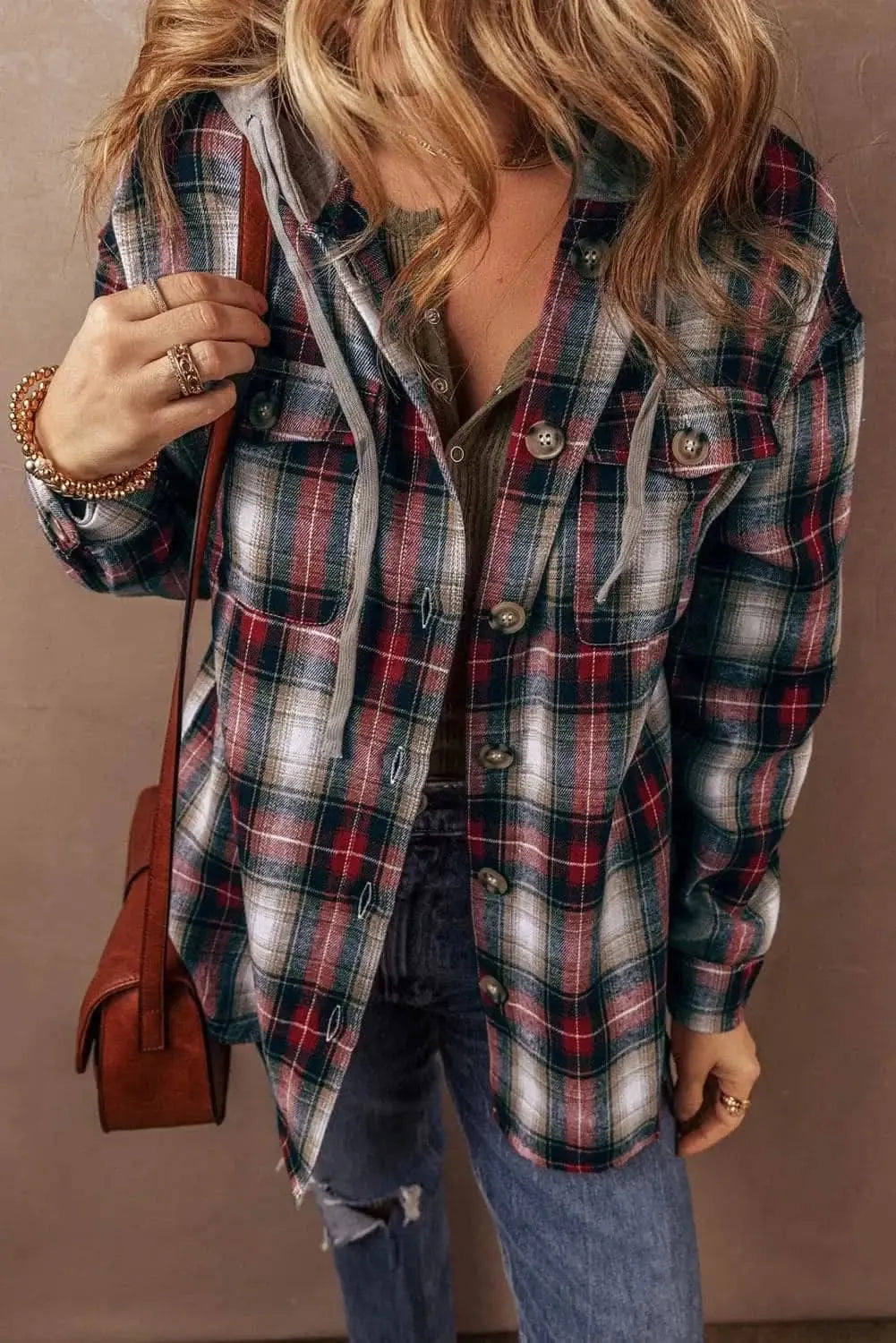 Casual plaid shacket with hood - Love Salve